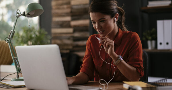 Businesswoman is having a video call on laptop.