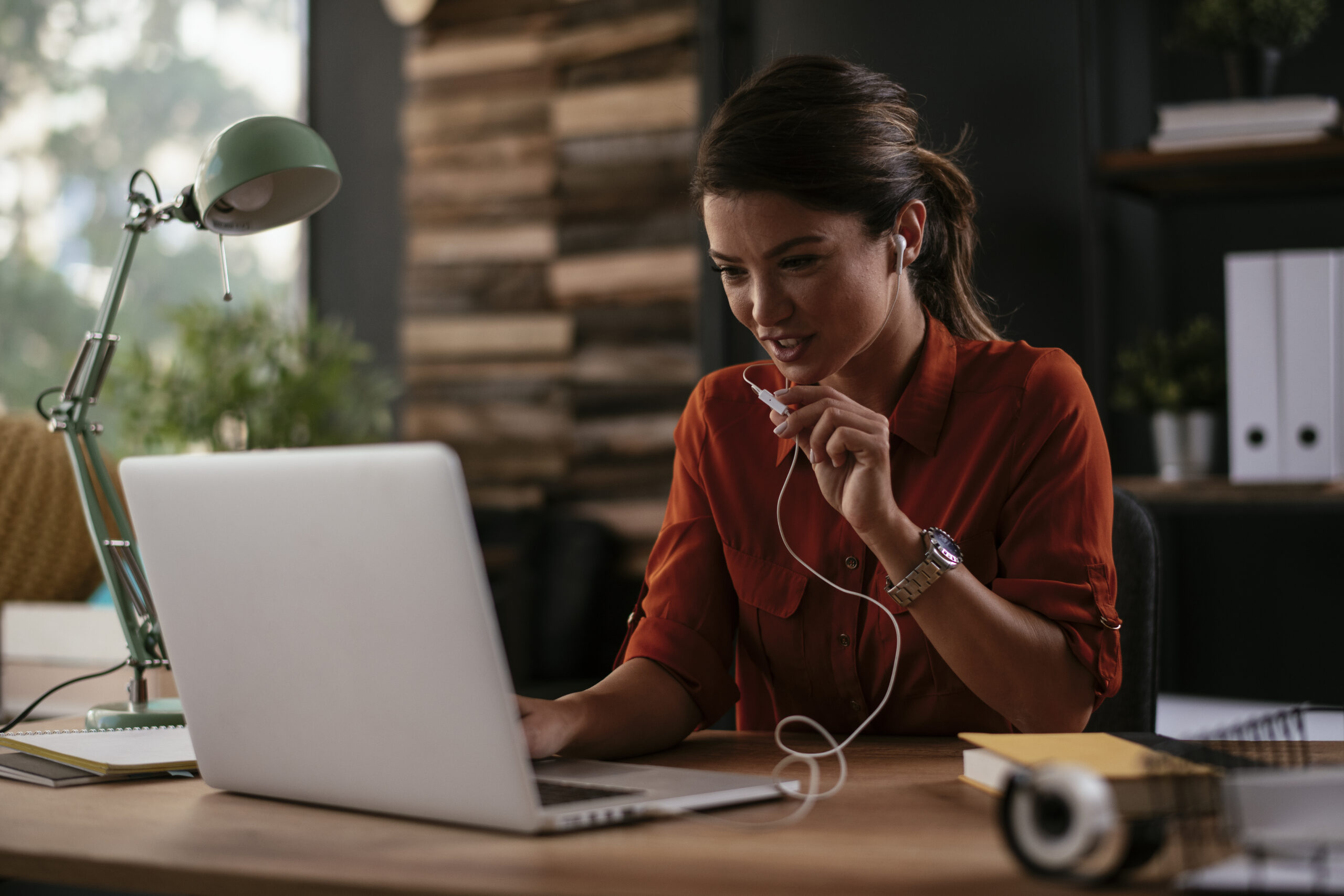 Businesswoman is having a video call on laptop.